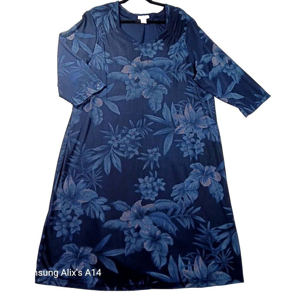 Avenue Dress Women 22/24 Navy Blue Floral Shift Midi ShortSleeve, V Neck, Strech